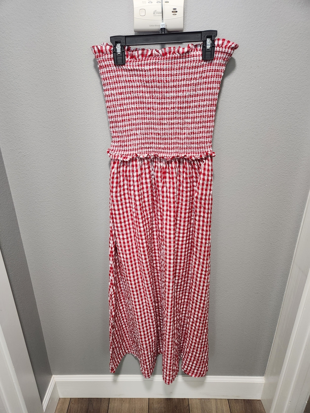 Japna Red and White Gingham Smocked Strapless Maxi Dress